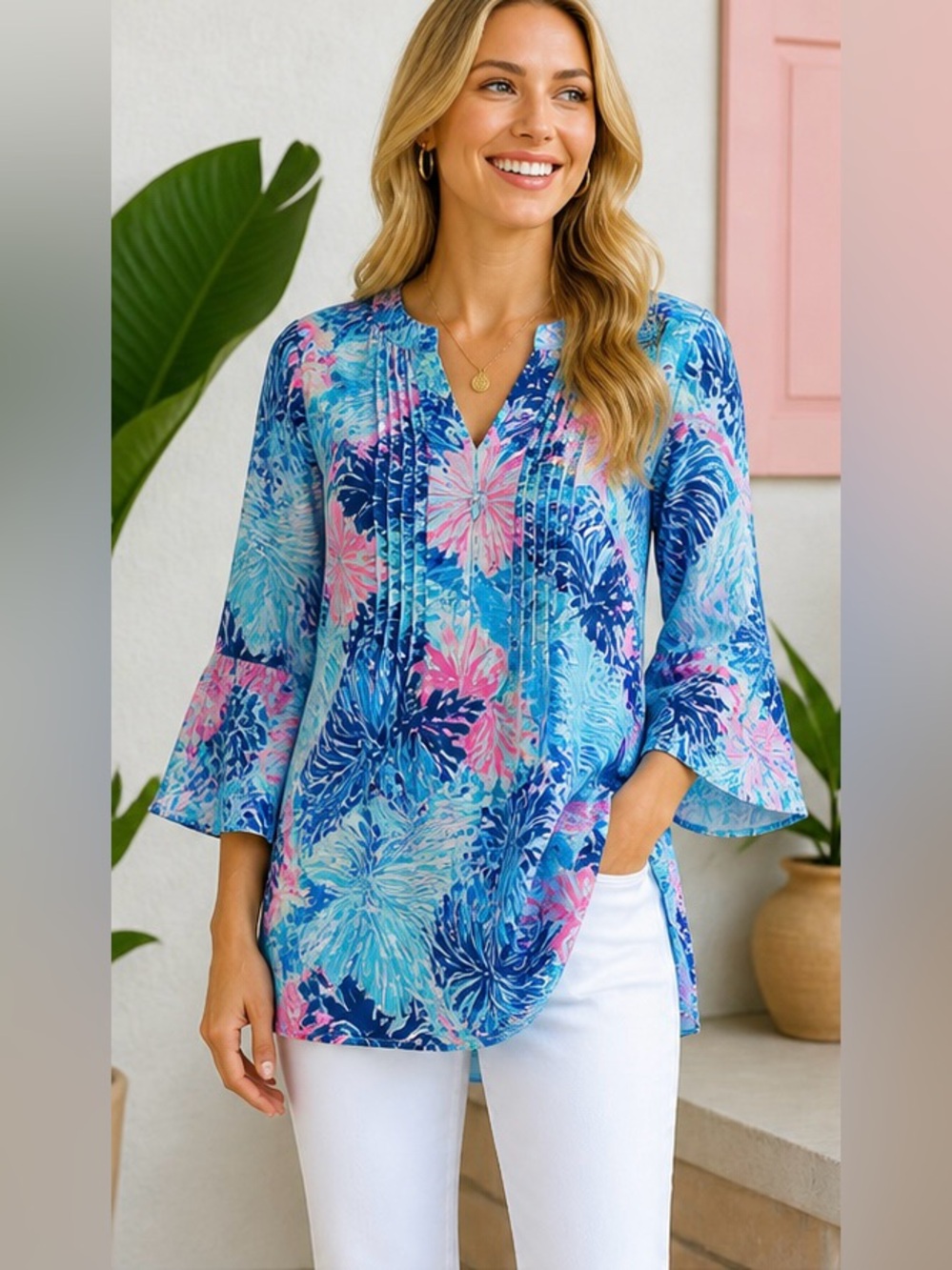 Lilly Pulitzer Hollie Linen Tunic Top Blue Pink Tropical Print Bell Sleeve NWT S